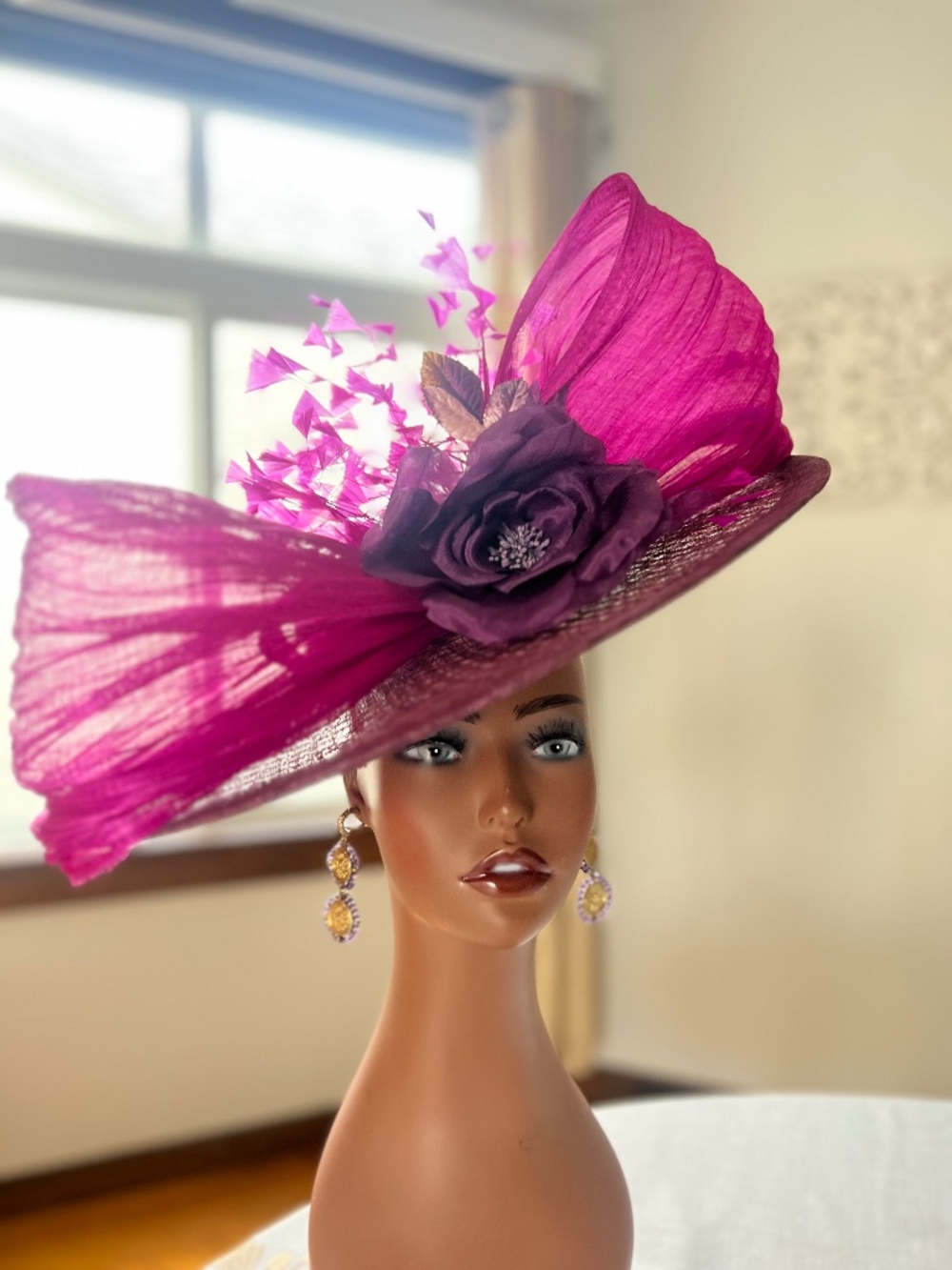 Fuchsia Pink and Deep Purple Hat Fascinator with Abaca Silk oversized bow and 10